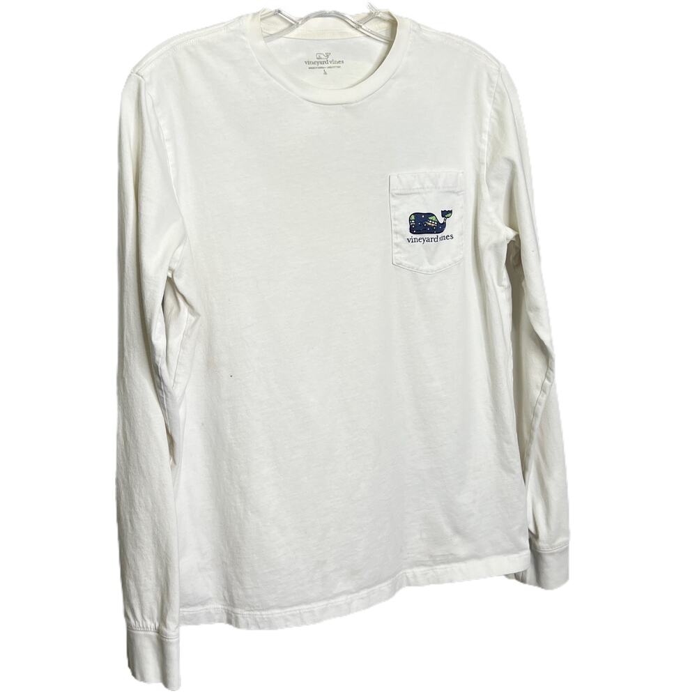 Vineyard Vines Boy's Long Sleeve Pocket Tee White Logo Pullover‎ Cotton Size L